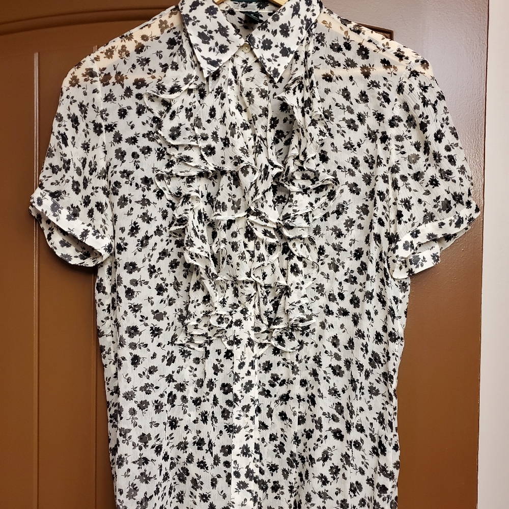 Ralph Lauren Black and White Sheer Ruffle Blouse.  Medium. Excellent Condition